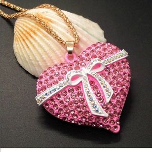Crystal Pink Bow Heart Necklace